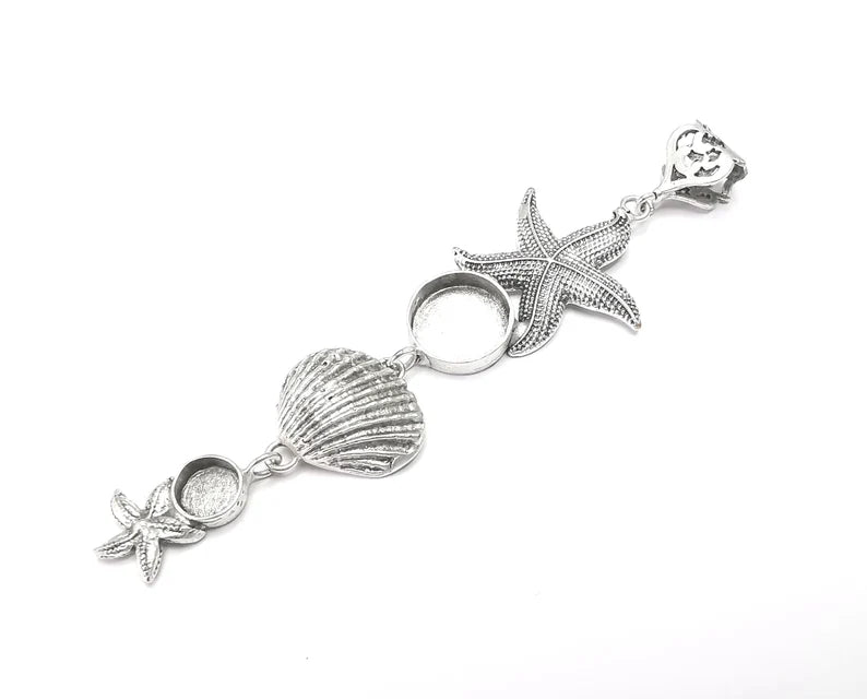 Starfish Scallop Sea Shell Dangle Pendant Base Setting Bezel Blank Antique Silver Plated Brass Pendant (112x29mm)(14 - 8mm blanks) G27146