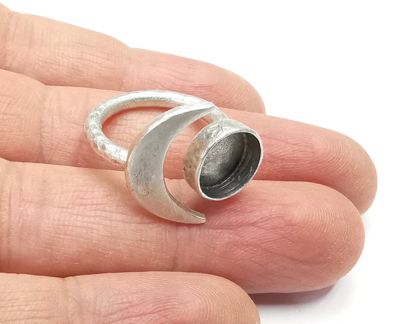 Crescent Moon Ring Blank Base Bezel Settings Cabochon Base Mountings Adjustable , Antique Silver Plated Brass (10mm Blank) G27148