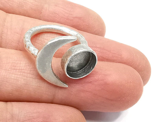 Crescent Moon Ring Blank Base Bezel Settings Cabochon Base Mountings Adjustable , Antique Silver Plated Brass (10mm Blank) G27148