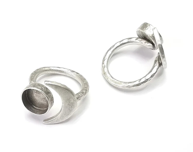 Crescent Moon Ring Blank Base Bezel Settings Cabochon Base Mountings Adjustable , Antique Silver Plated Brass (10mm Blank) G27148