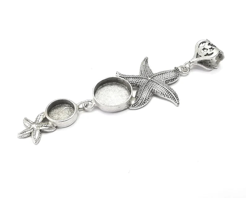 Starfish Dangle Pendant Base Setting Bezel Blank Antique Silver Plated Brass Pendant (91x29mm)(14 - 10mm blanks) G27150