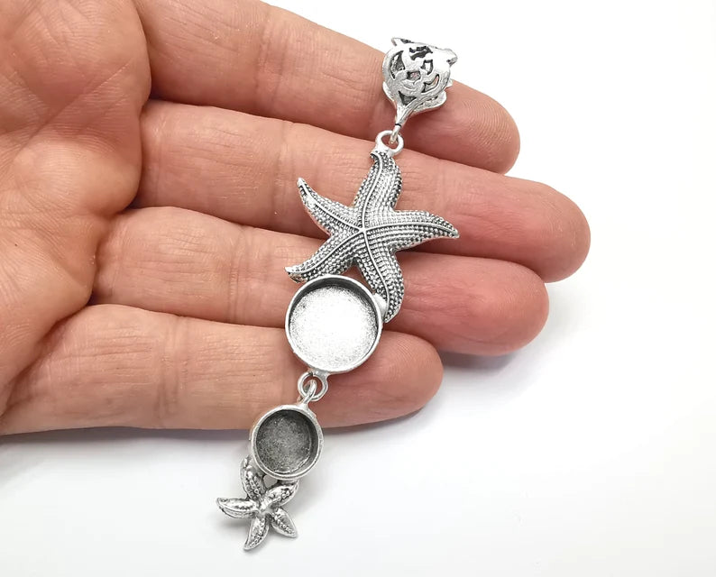 Starfish Dangle Pendant Base Setting Bezel Blank Antique Silver Plated Brass Pendant (91x29mm)(14 - 10mm blanks) G27150