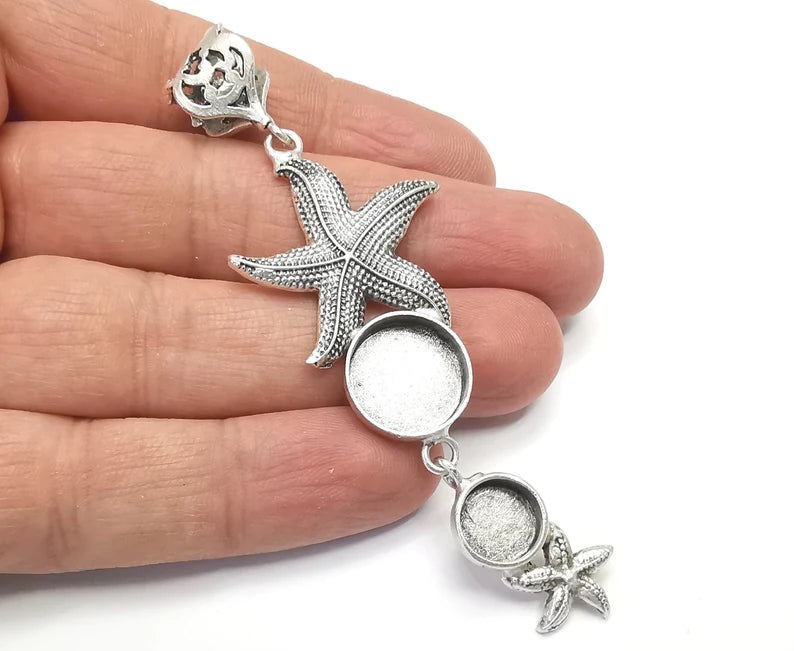 Starfish Dangle Pendant Base Setting Bezel Blank Antique Silver Plated Brass Pendant (91x29mm)(14 - 10mm blanks) G27150