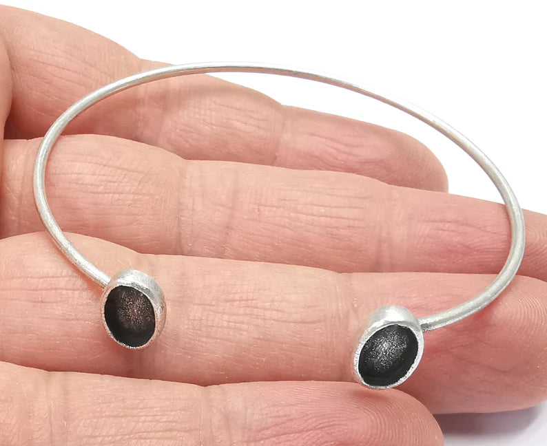 Silver Oval Bracelet Blanks Resin Cuff Dry Bezel Cabochon Base Adjustable Antique Silver Plated Brass (8x6mm Blanks) G27151