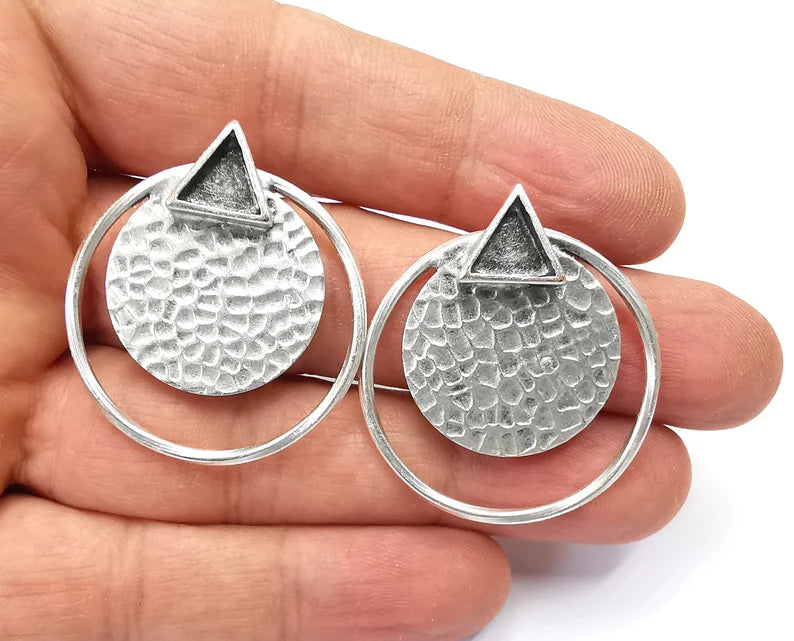 1 Pairs Disc Hammered Hoop Triangle Silver Earring Set Base Wire Antique Silver Plated Brass Earring Base (38x34mm) G27152