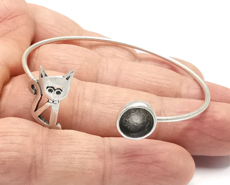 Cat Silver Bracelet Brass Cuff Blank Bezel Glass Cabochon Base Adjustable Antique Silver Brass (8mm blank) G27158
