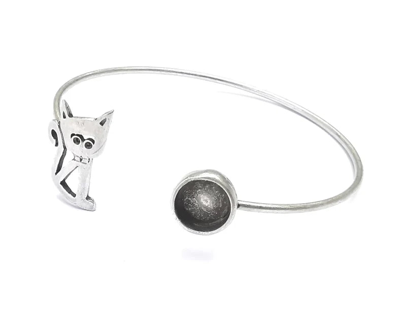 Cat Silver Bracelet Brass Cuff Blank Bezel Glass Cabochon Base Adjustable Antique Silver Brass (8mm blank) G27158