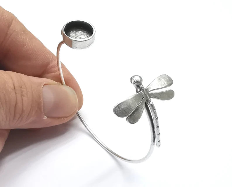 Dragonfly Silver Bracelet Brass Cuff Blank Bezel Glass Cabochon Base Adjustable Antique Silver Plated Brass (10mm blank) G27162