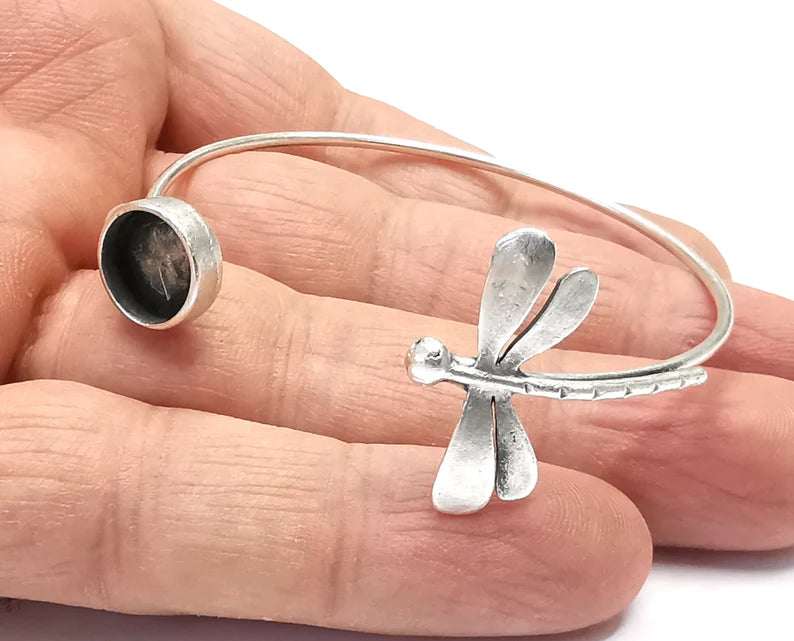 Dragonfly Silver Bracelet Brass Cuff Blank Bezel Glass Cabochon Base Adjustable Antique Silver Plated Brass (10mm blank) G27162