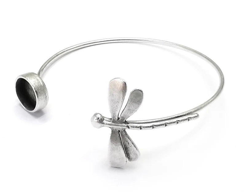 Dragonfly Silver Bracelet Brass Cuff Blank Bezel Glass Cabochon Base Adjustable Antique Silver Plated Brass (10mm blank) G27162