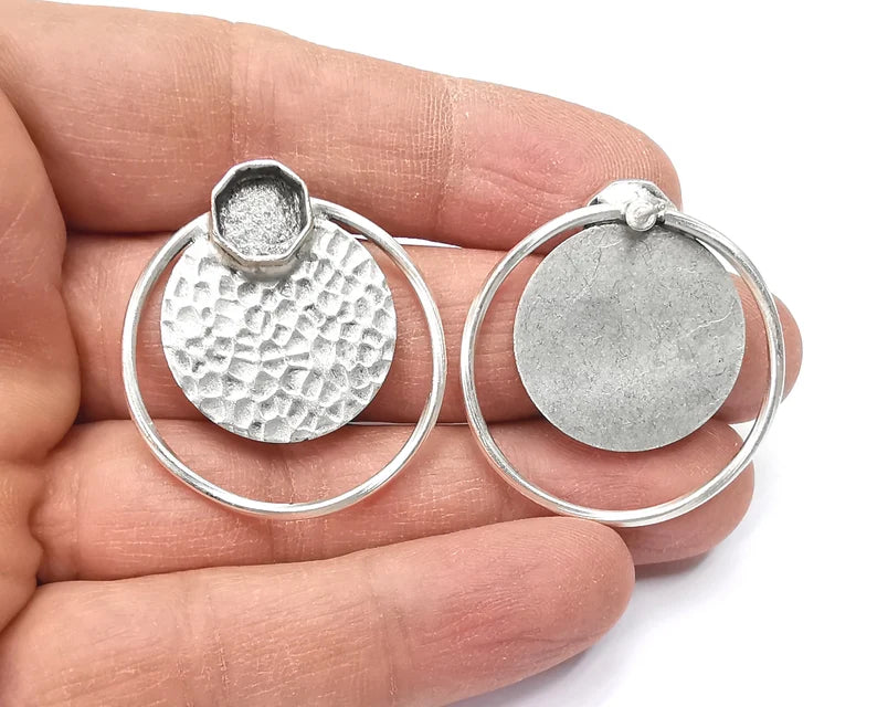 Hammered Disc Hoop Octagon Silver Earring Set Base Wire Antique Silver Plated Brass Earring Base (36x34mm) G27270