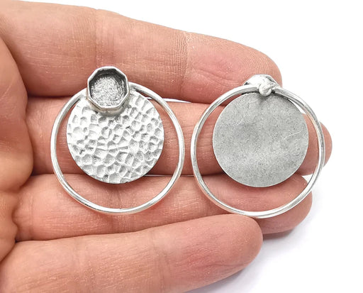 Hammered Disc Hoop Octagon Silver Earring Set Base Wire Antique Silver Plated Brass Earring Base (36x34mm) G27270