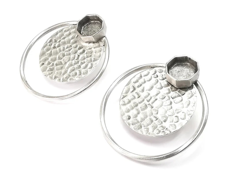 Hammered Disc Hoop Octagon Silver Earring Set Base Wire Antique Silver Plated Brass Earring Base (36x34mm) G27270