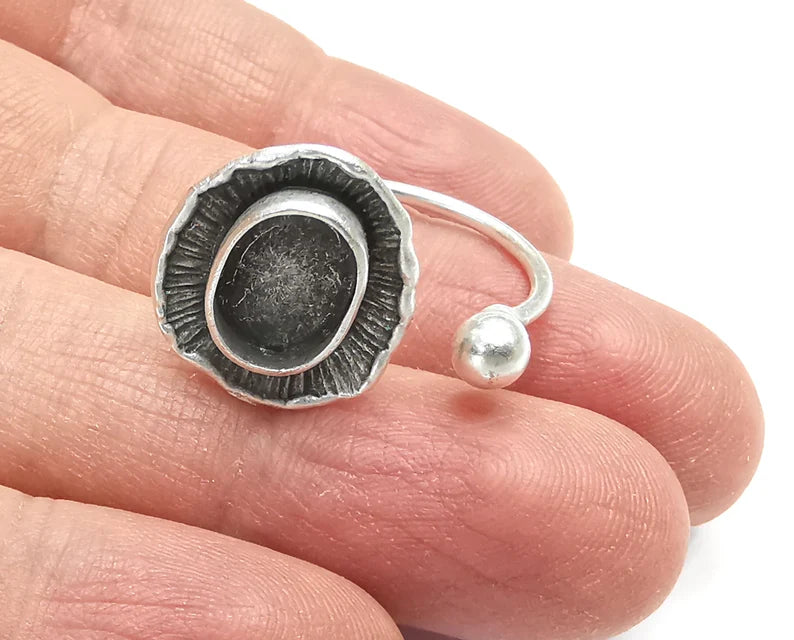 Flower Ball Head Silver Ring Setting Blank Cabochon Mounting Adjustable Ring Base Bezel Antique Silver Plated Brass (11x8mm Blank) G27274