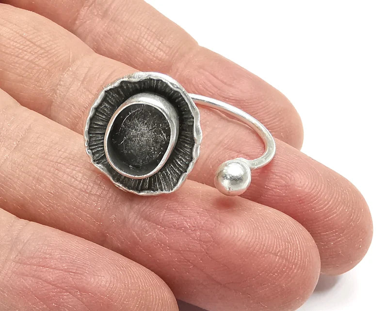 Flower Ball Head Silver Ring Setting Blank Cabochon Mounting Adjustable Ring Base Bezel Antique Silver Plated Brass (11x8mm Blank) G27274
