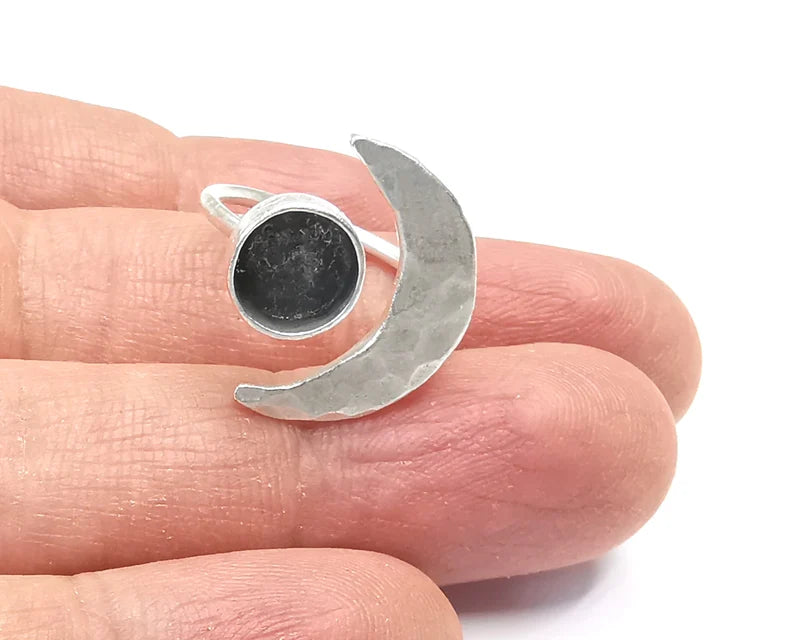 Crescent Moon Silver Ring Blank Base Bezel Settings Cabochon Base Mountings Adjustable , Antique Silver Plated Brass (8mm Blank) G27275