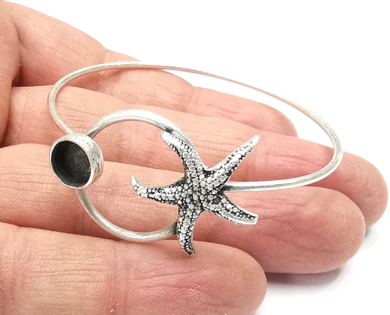 Starfish Silver Bracelet Brass Cuff Blank Bezel Glass Cabochon Base Adjustable Antique Silver Plated Brass (8mm blank) G27286