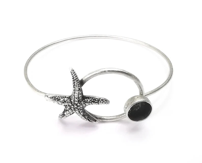 Starfish Silver Bracelet Brass Cuff Blank Bezel Glass Cabochon Base Adjustable Antique Silver Plated Brass (8mm blank) G27286