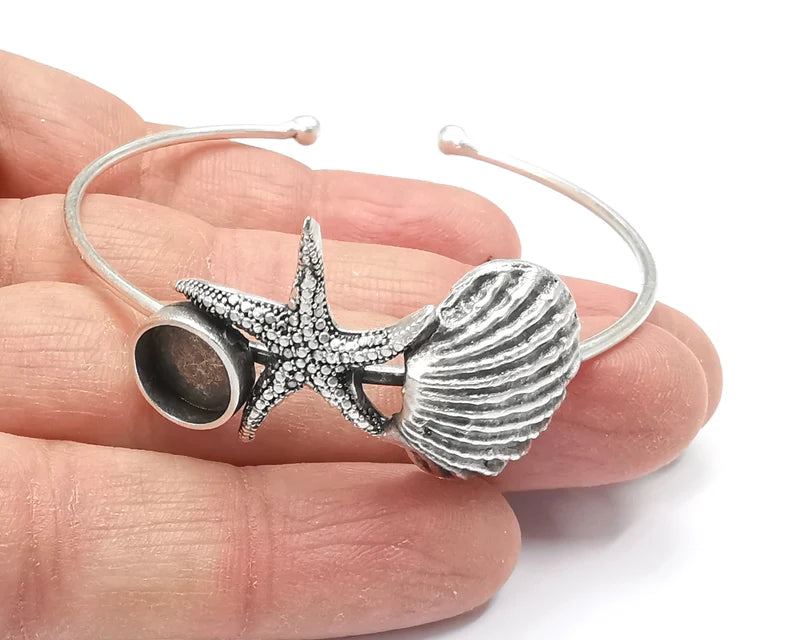 Scallop Starfish Silver Bracelet Brass Cuff Blank Bezel Glass Cabochon Base Adjustable Antique Silver Brass (10 mm blank) G27289