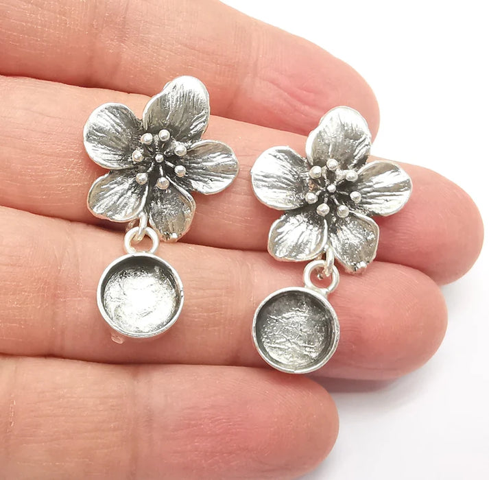 Flower Dangle Earring Base Wire Earring Blank Antique Silver Plated Brass Earring Base (10mm blank) G27163