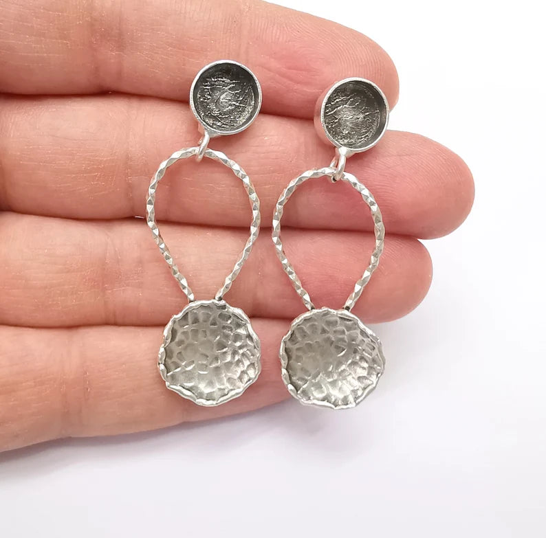 Hammered Disc Dangle Earring Set Base Wire Antique Silver Plated Brass Earring Base (10mm blanks) G27164
