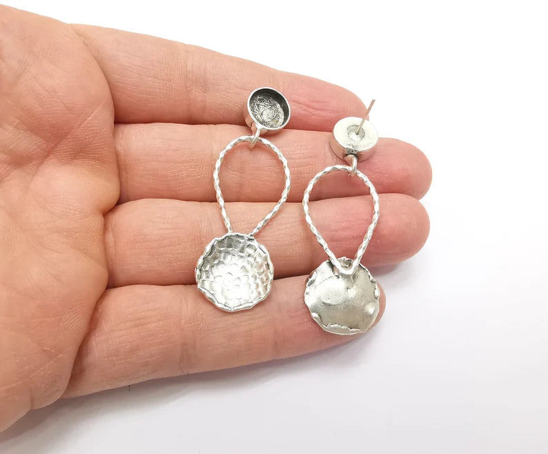 Hammered Disc Dangle Earring Set Base Wire Antique Silver Plated Brass Earring Base (10mm blanks) G27164