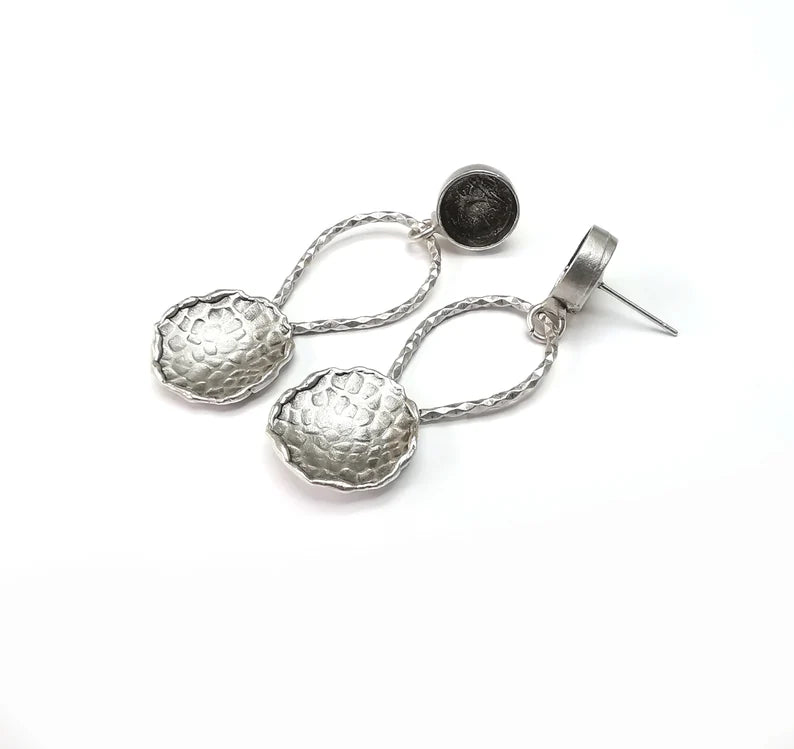 Hammered Disc Dangle Earring Set Base Wire Antique Silver Plated Brass Earring Base (10mm blanks) G27164