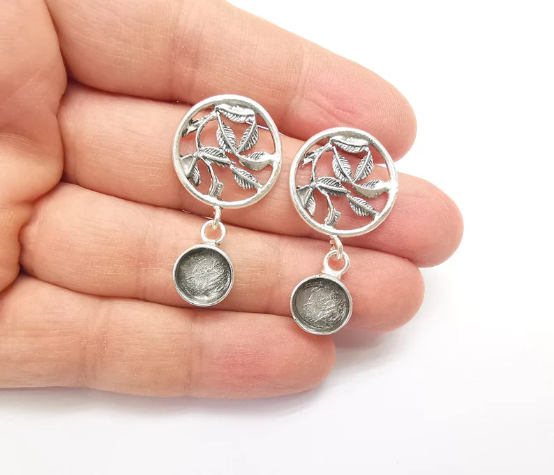 Leaf Dangle Earring Base Wire Earring Blank Antique Silver Plated Brass Earring Base (10mm blank) G27166