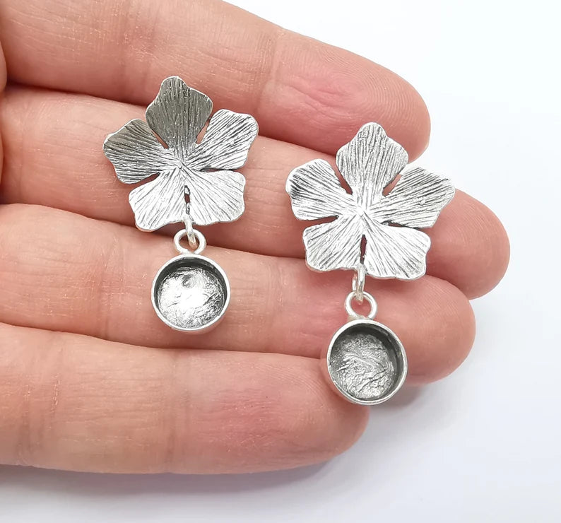 Flower Dangle Earring Base Wire Earring Blank Antique Silver Plated Brass Earring Base (10mm blank) G27168