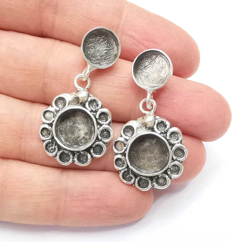 Flower Dangle Earring Base Wire Earring Blank Antique Silver Plated Brass Earring Base (10mm + 11mm blank) G27169
