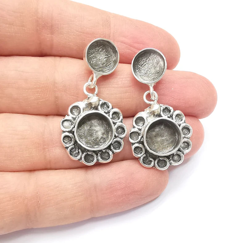 Flower Dangle Earring Base Wire Earring Blank Antique Silver Plated Brass Earring Base (10mm + 11mm blank) G27169