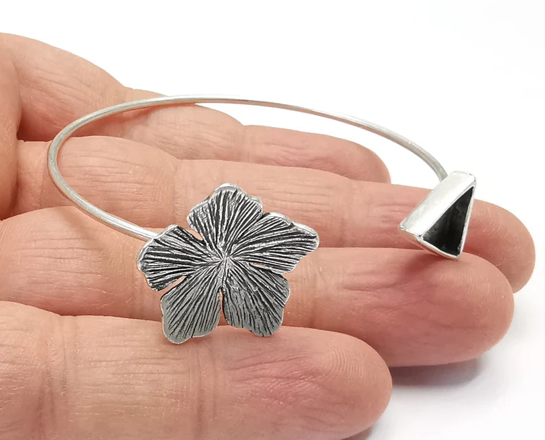 Flower Bracelet Cuff Blank Bezel Glass Cabochon Base Adjustable Antique Silver Plated Brass (10mm ) G27171