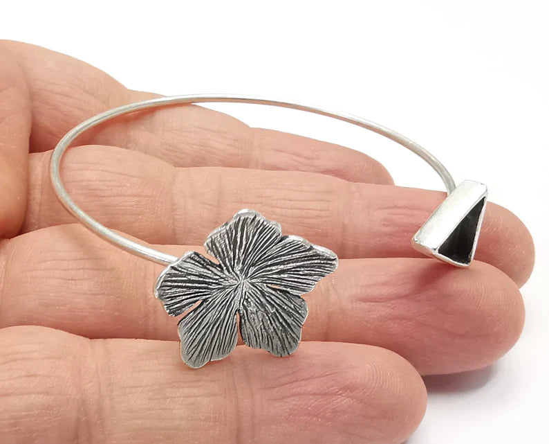 Flower Bracelet Cuff Blank Bezel Glass Cabochon Base Adjustable Antique Silver Plated Brass (10mm ) G27171