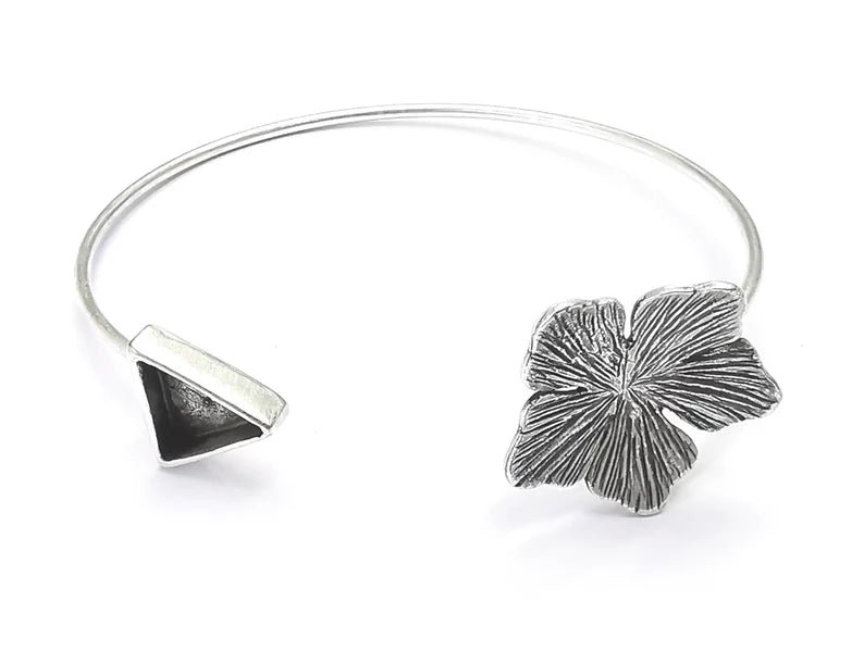 Flower Bracelet Cuff Blank Bezel Glass Cabochon Base Adjustable Antique Silver Plated Brass (10mm ) G27171