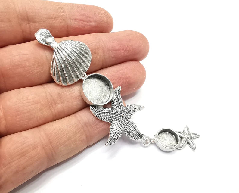 Starfish Scallop Sea Shell Dangle Pendant Base Setting Bezel Blank Antique Silver Plated Brass Pendant (103x30mm)(14 - 10mm blanks) G27172