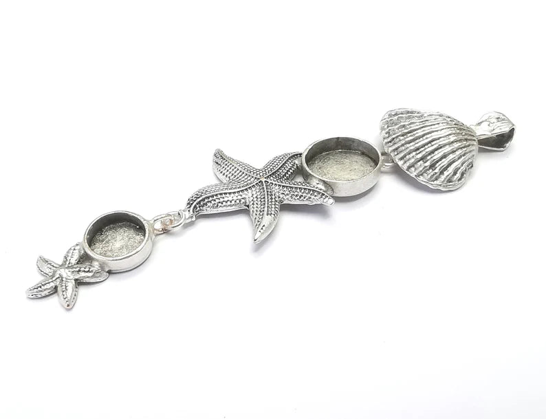 Starfish Scallop Sea Shell Dangle Pendant Base Setting Bezel Blank Antique Silver Plated Brass Pendant (103x30mm)(14 - 10mm blanks) G27172