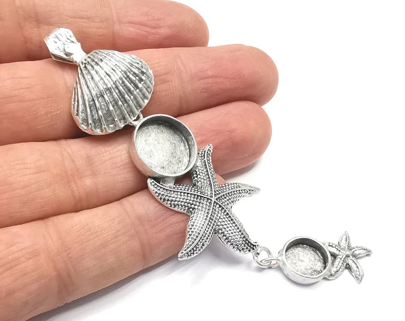 Starfish Scallop Sea Shell Dangle Pendant Base Setting Bezel Blank Antique Silver Plated Brass Pendant (103x30mm)(14 - 10mm blanks) G27172