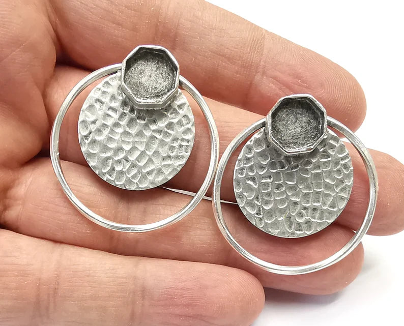 Disc Hammered Hoop Octagon Silver Earring Set Base Wire Antique Silver Plated Brass Earring Base (36x34mm) G27173