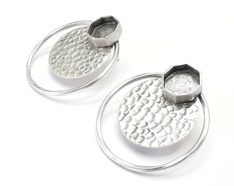 Disc Hammered Hoop Octagon Silver Earring Set Base Wire Antique Silver Plated Brass Earring Base (36x34mm) G27173