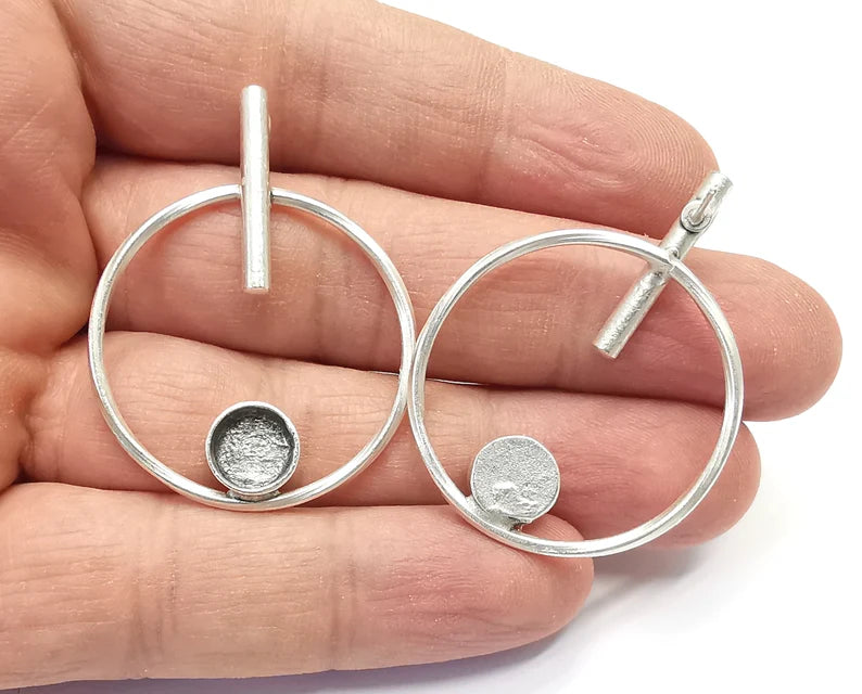 Hoop Rod Stick Round Silver Earring Set Base Wire Antique Silver Plated Brass Earring Base (43x34mm) G27174
