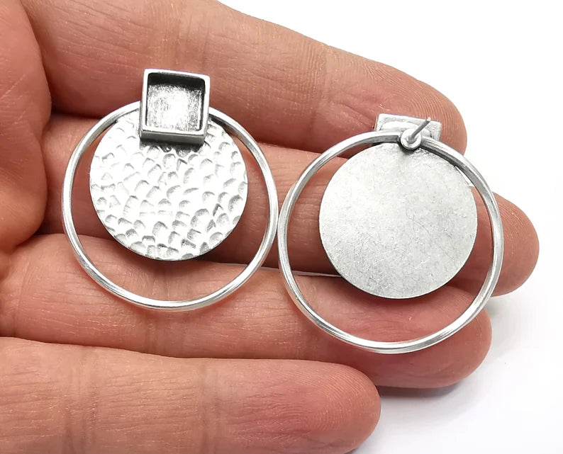 Disc Hammered Hoop Square Silver Earring Set Base Wire Antique Silver Plated Brass Earring Base (36x34mm) G27176