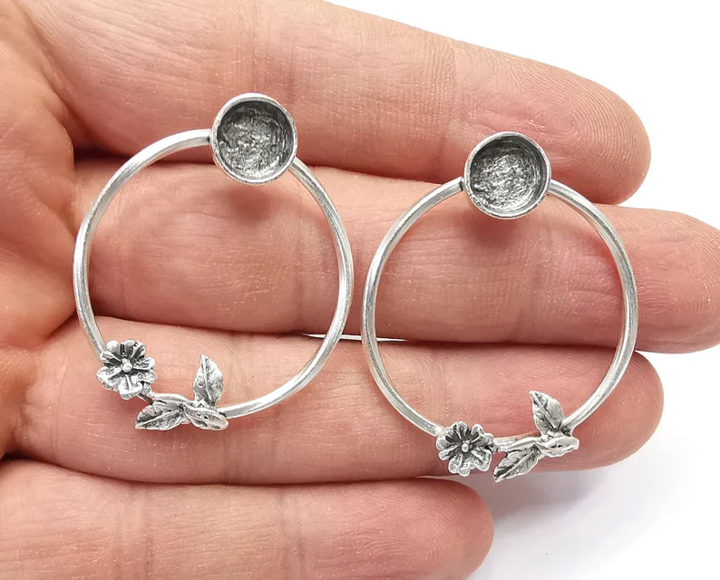Flower Round Hoop Silver Earring Set Base Wire Antique Silver Plated Brass Earring Base (8mm blank) G27179