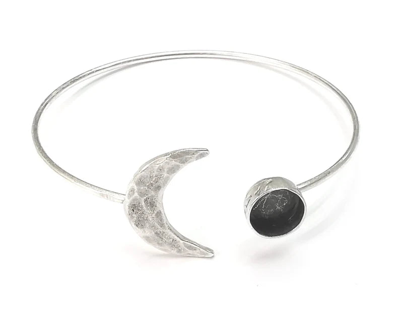 Crescent Moon Silver Bracelet Brass Cuff Blank Bezel Cabochon Base Adjustable Antique Silver Brass (8mm blank) G27293