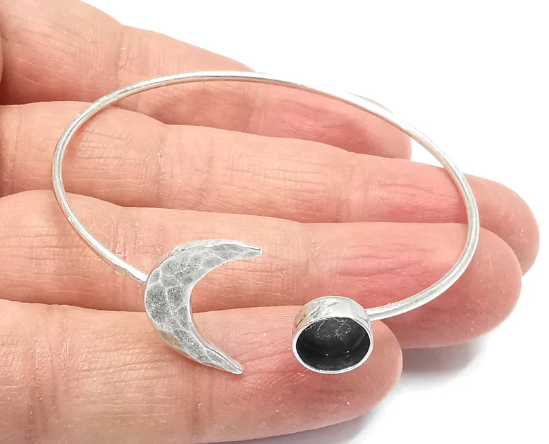 Crescent Moon Silver Bracelet Brass Cuff Blank Bezel Cabochon Base Adjustable Antique Silver Brass (8mm blank) G27293