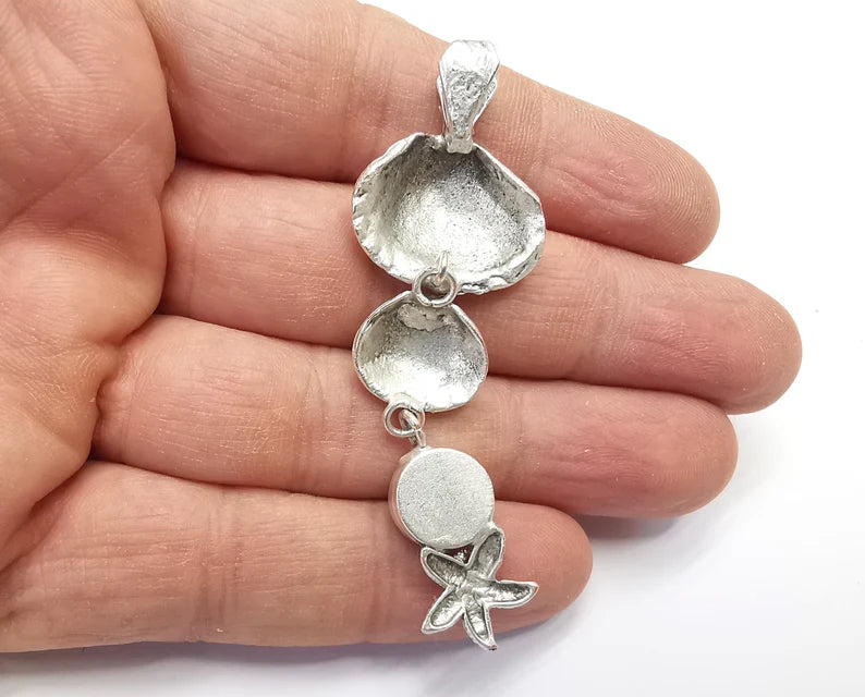 Starfish Scallop Sea Shell Dangle Pendant Base Setting Bezel Blank Antique Silver Plated Brass Pendant (72x22mm)(10mm blanks) G27180