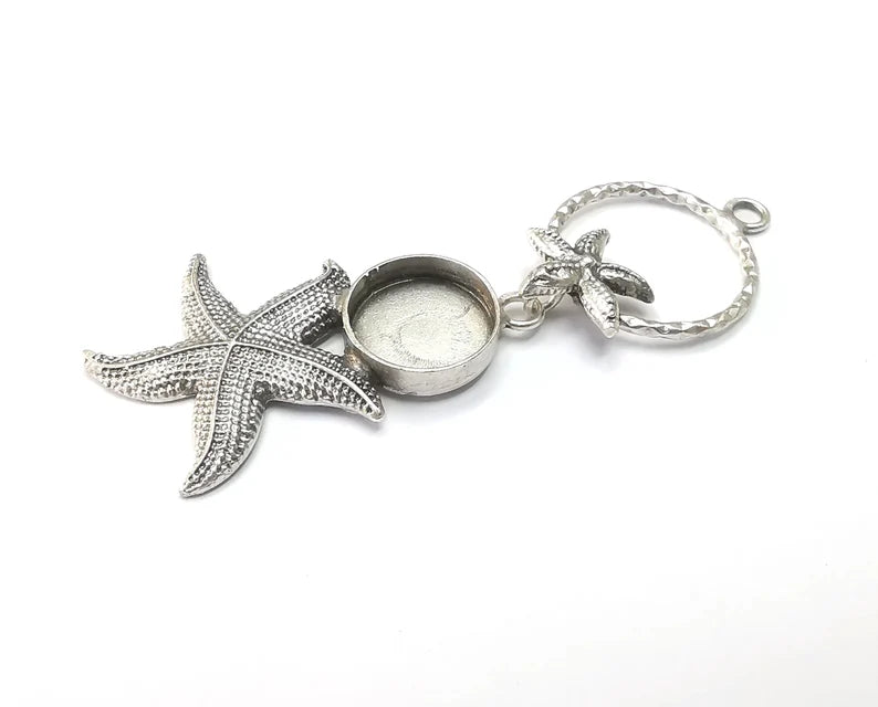 Starfish Dangle Pendant Base Setting Bezel Blank Antique Silver Plated Brass Pendant (87x29mm)(14mm blanks) G27183