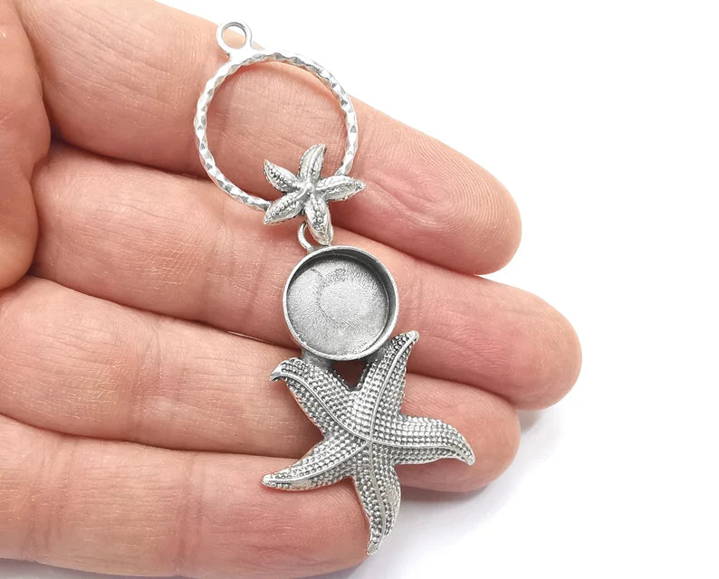 Starfish Dangle Pendant Base Setting Bezel Blank Antique Silver Plated Brass Pendant (87x29mm)(14mm blanks) G27183