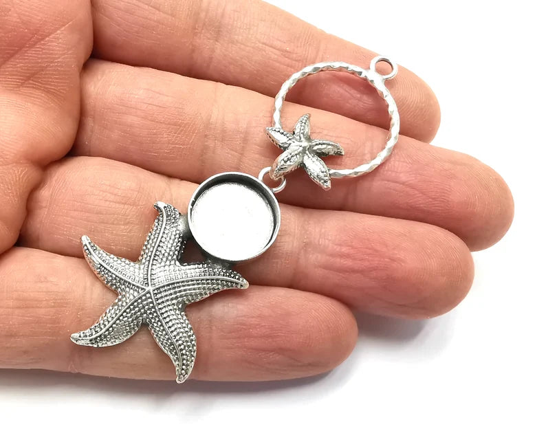 Starfish Dangle Pendant Base Setting Bezel Blank Antique Silver Plated Brass Pendant (87x29mm)(14mm blanks) G27183