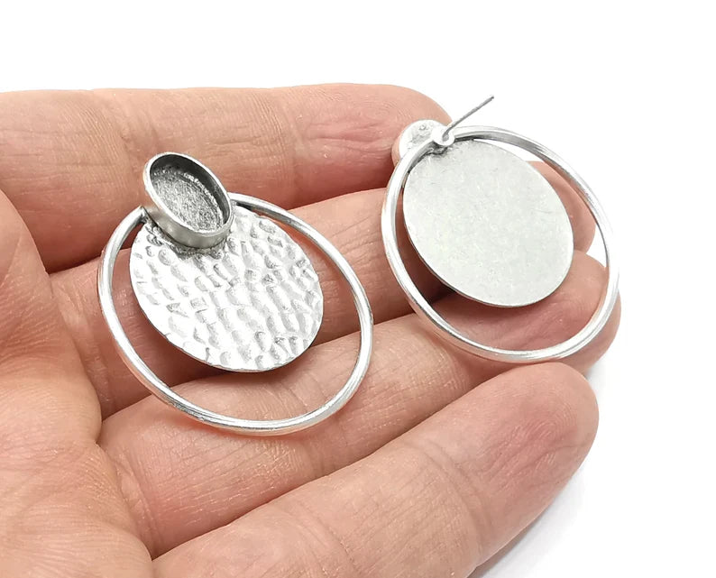 Hammered Disc Oval Silver Earring Set Base Wire Antique Silver Plated Brass Earring Base (36x34mm) G27184