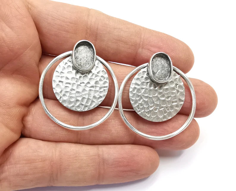 Hammered Disc Oval Silver Earring Set Base Wire Antique Silver Plated Brass Earring Base (36x34mm) G27184